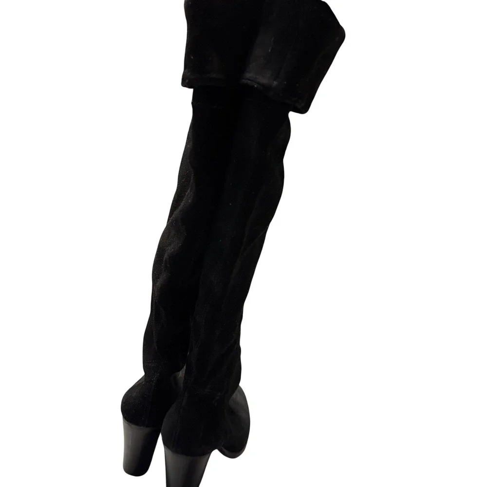 Nine West Women WNSEEMAM Black‎ Leather Tall Block Heel Boots 6.5M